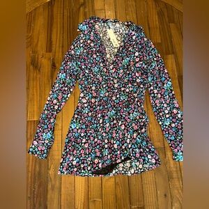 Zara dress black long sleeve floral deep v split hem size small new!